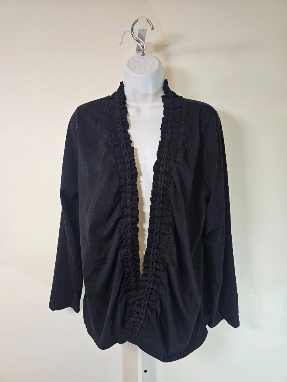 Krazy Kat Cardigan jacket Black Jersey Ruffle Open Casual L